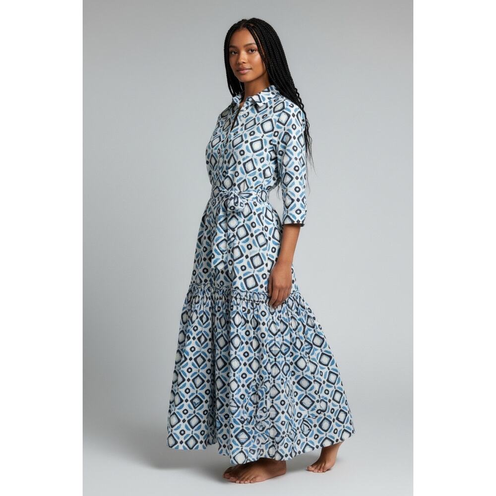 Marella Future Cotton Blue Geometric Belted Shirt Midi Dress - Picture 2 of 15